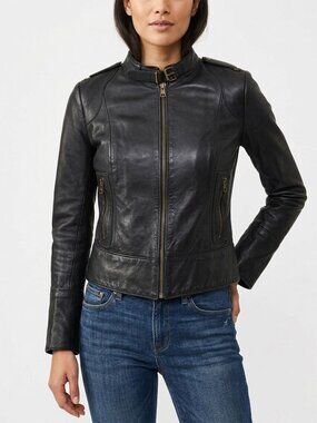 Mackage Vintage Black Leather Cafe Racer Moto Jacket Made in Canada Size XS